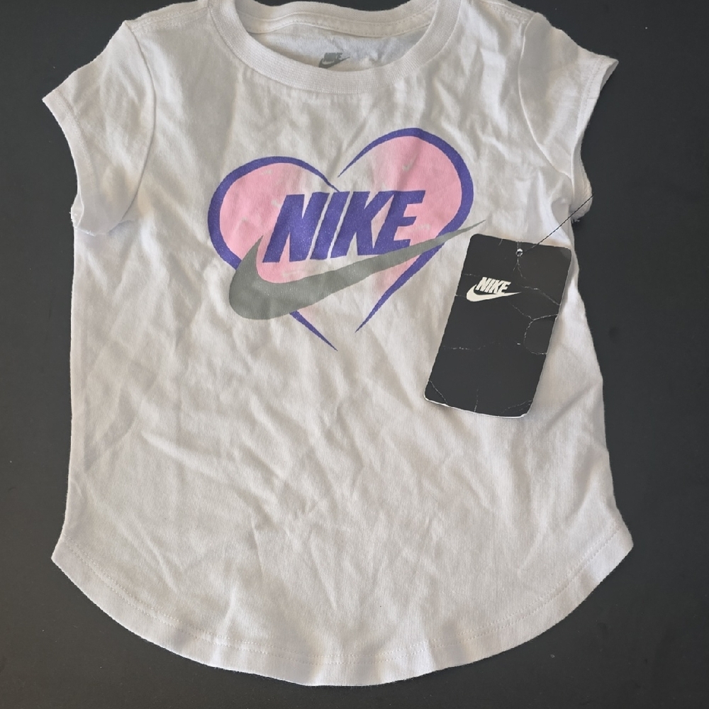 Nike Girls White T Shirt with Pink and Purple Heart Nike Logo Design